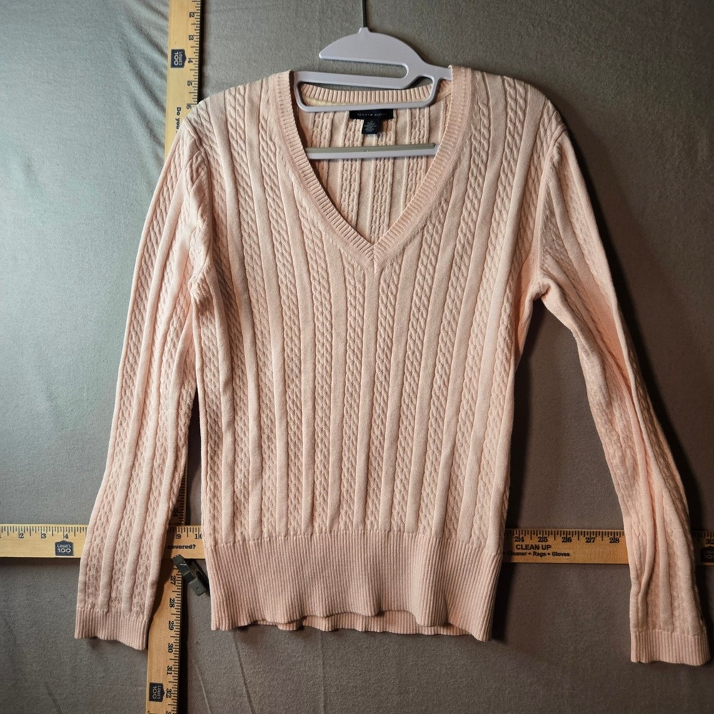 Tommy Hilfiger Womens Peach Pink Cable Knit V-Neck Cotton Pullover Sweater Med